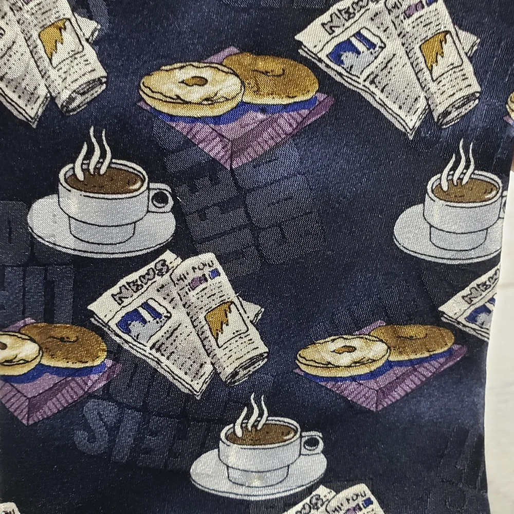 Sabatini Mens All Silk Tie Coffee Newspapers Bagel Life is Good Prints